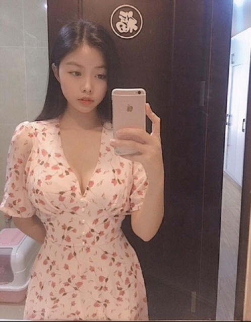 Đầm xoè nhẹ họa tiết hoa Hồng nhỏ nền váy Hồng thêm dịu dàng