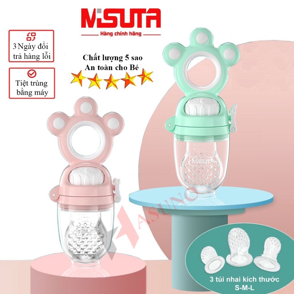 Túi tập Nhai trái cây ăn dặm Cho Bé chống hóc Misuta cao cấp với 3 núm nhai đủ size, có nút xoay vặn ép thức ăn