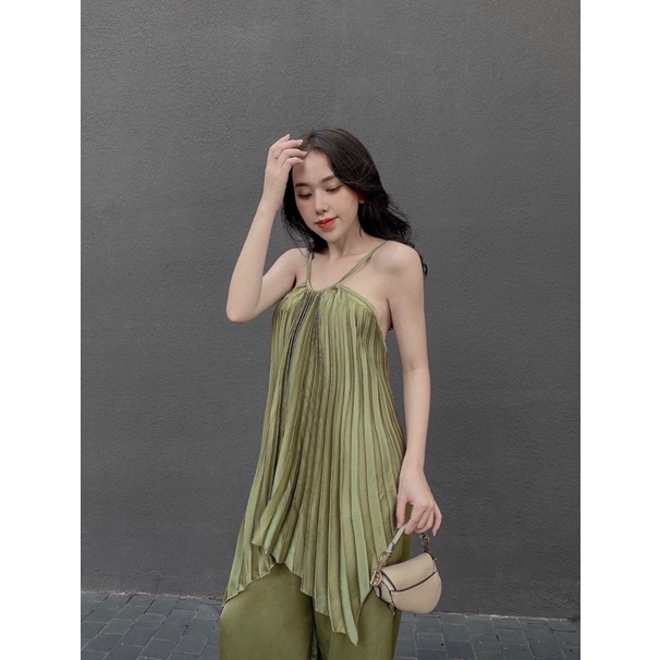Set phi dập ly áo 2 dây hở lưng kèm quần dài suông rộng xanh/hồng cánh sen/kem, thời trang nữ sang trọng quý phái