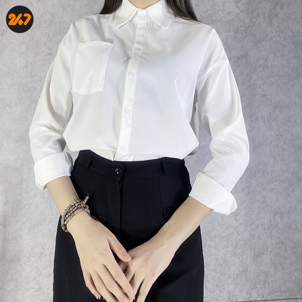 Áo sơ mi trắng dáng rộng tay dài phong cách hàn quốc kèm video ảnh thật
