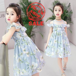 Đầm hở vai bèo in hoa siêu xinh bé gái