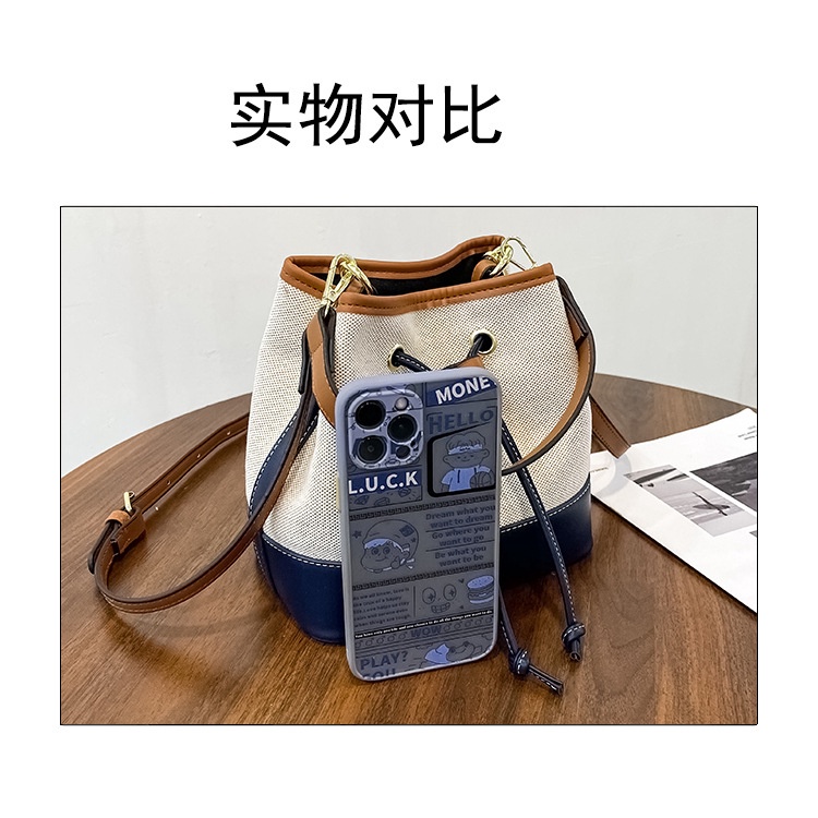 Túi đeo vai canvas kết cấu dạng xô màu sắc tương phản phong cách phương tây 2021 mới thời trang mùa thu nhỏ gọn cho nữ