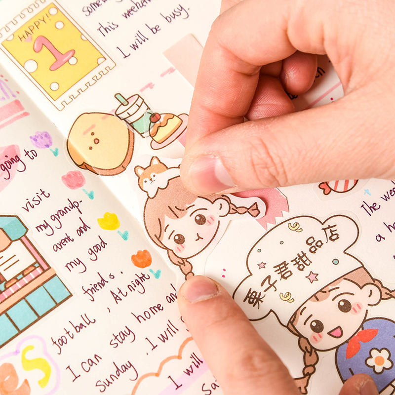 4 tờ nhãn dán trang trí tạp chí/ nhật ký với họa tiết hoạt hình đáng yêu (chưa cắt)