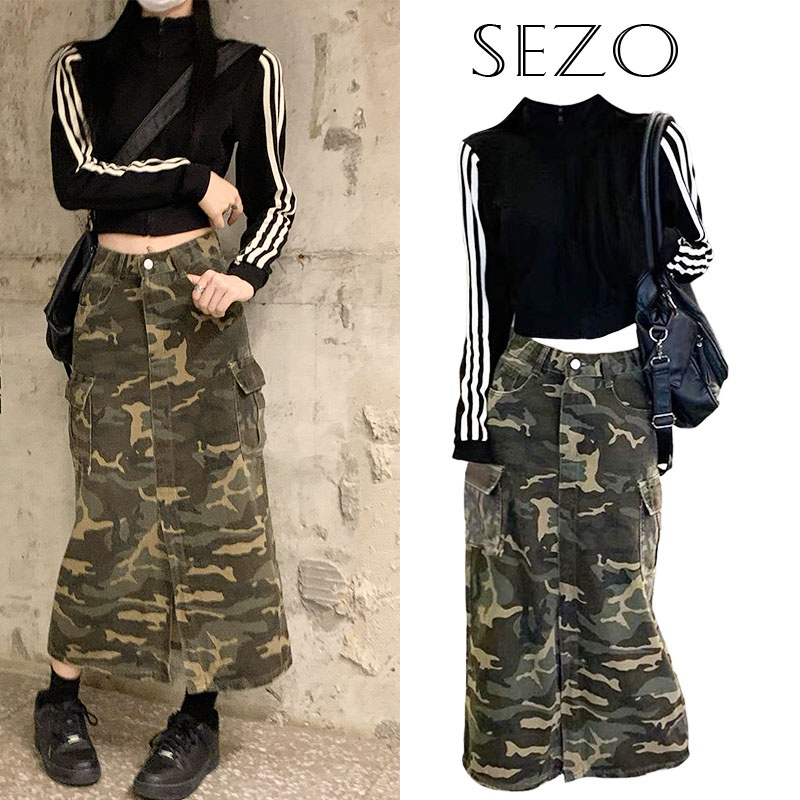 QKOOLE Áo croptop kẻ sọc/ chân váy lửng lưng cao  thời trang Hàn Quốc cho nữ