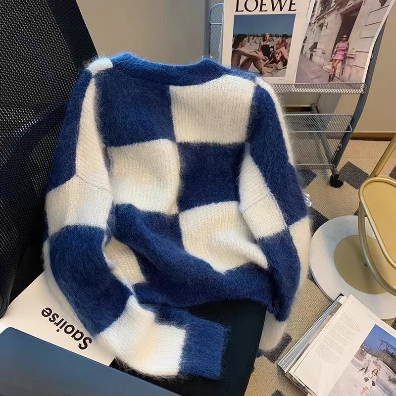 Áo Len Sáp Mềm Dáng Rộng Tay Dài Họa Tiết Kẻ Ô Màu Tương Phản Thời Trang Mùa Thu Cho Bạn Gái
