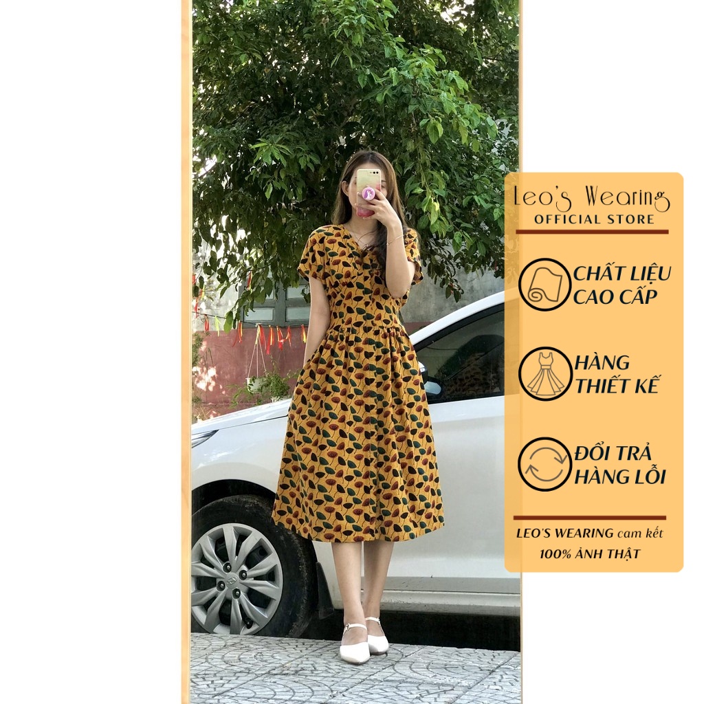 Đầm suông dáng dài nữ LEOSWEARING Váy Maxi chất linen thắt đai eo họa tiết hoa có túi 2 bên Đâm du tiec B16