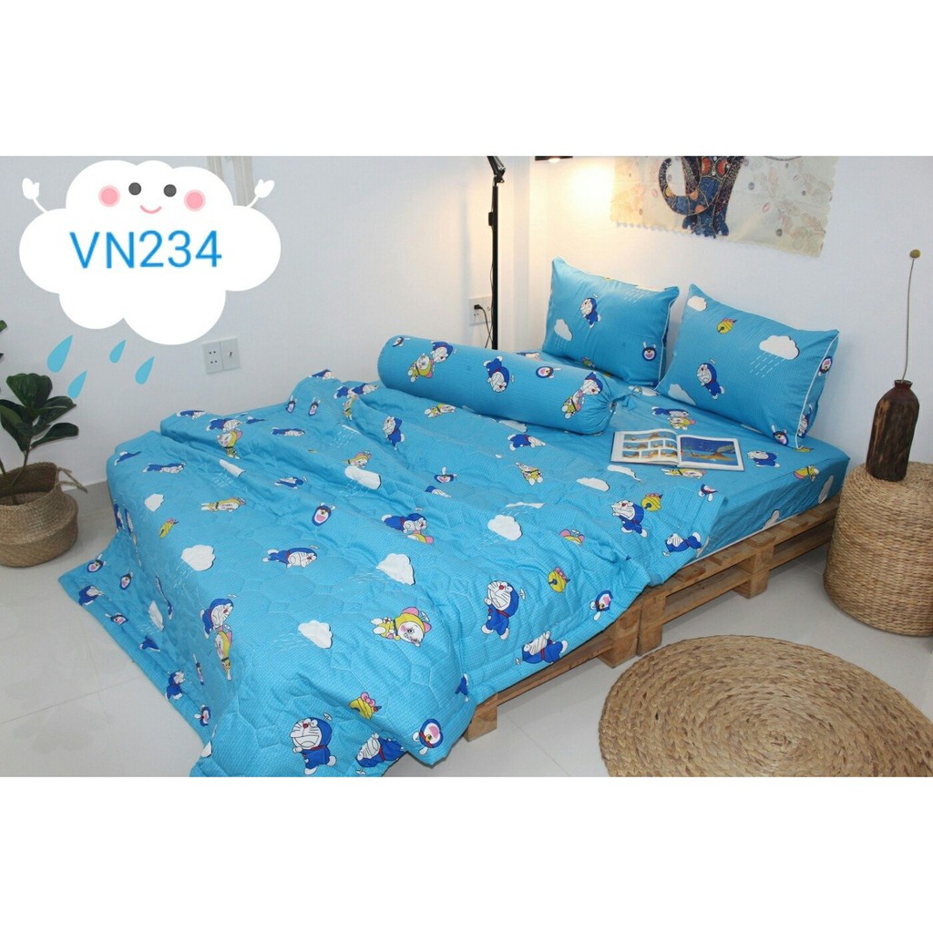 BỘ GA GỐI 4 MÓN MÈO DOREMON MÀU XANH COTTON 100% (GA GIƯỜNG + 1 VỎ GỐI ÔM + 2 VỎ GỐI NẰM)