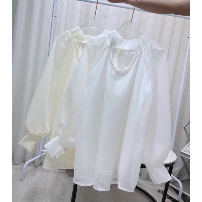 Áo sơ mi cổ phối ngọc dáng rộng hot hit_011 chất mát, phom đẹp, nội y xanh