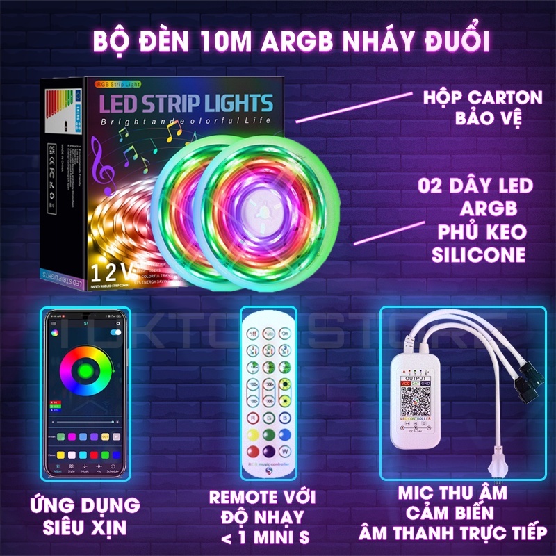 Dây led đuổi ARGB decor phòng ngủ, phòng gaming nháy theo nhạc,cảm biến âm thanh phòng bay quán cafe
