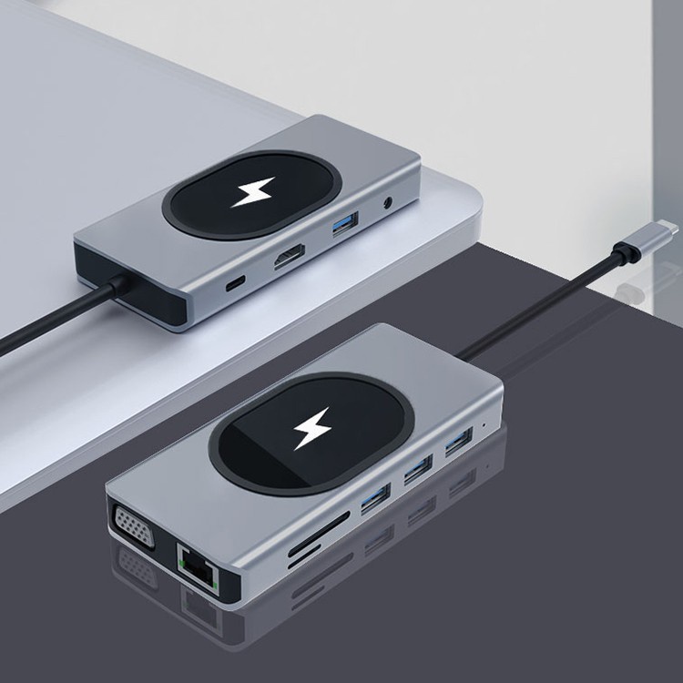 Trạm Sạc Không Dây 11 Trong 1 Chuyển Đổi USB C Sang HDMI 4K VGA 1080P RJ45 USB3.0 3.5mm PD Cho Laptop / Điện Thoại / Máy Tính Bảng