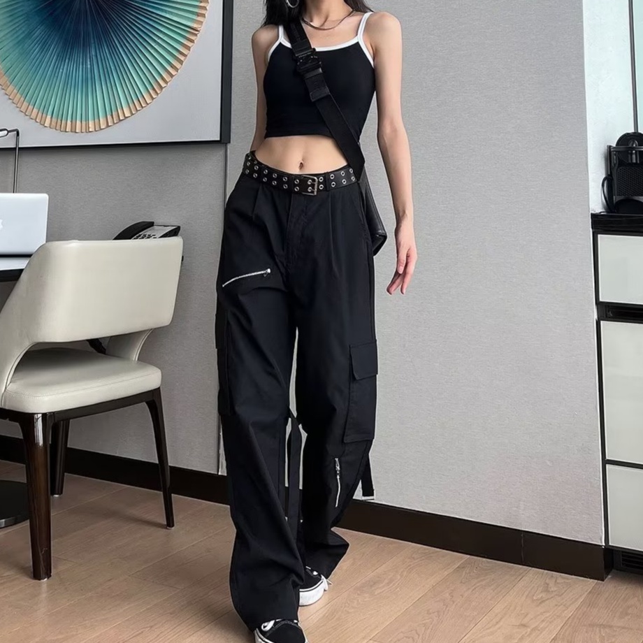 Quần Yếm Nam Jean Lưng Cao Phong Cách Retro Mỹ Thời Trang Mùa Hè Cho Nữ Quần ống rộng Dáng Suông Phối Túi Lớn quần kaki túi hộp Màu Trơn quần