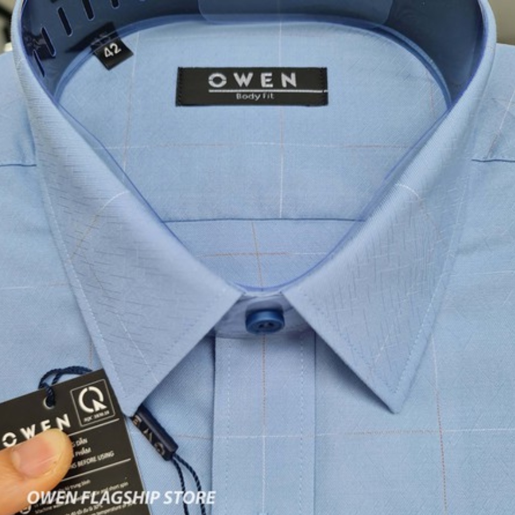 Áo sơ mi nam ngắn tay OWEN BA220401NT somi công sở vải bạc hà cao cấp màu caro xanh dáng suông tà bằng có túi