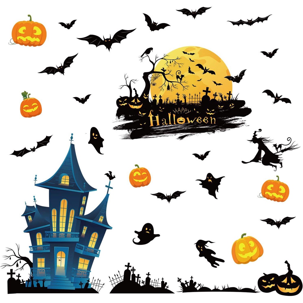 Bộ 4 Tấm Sticker Dán Tường / Kính Cửa Sổ / Cửa Sổ Họa Tiết Halloween Độc Đáo