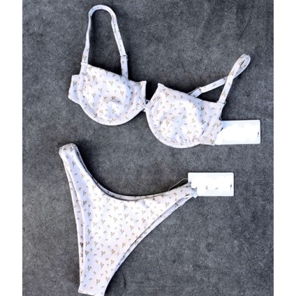 SET BIKINI CỔ V HOA NHÍ TRẮNG/XANH CHẤM BI