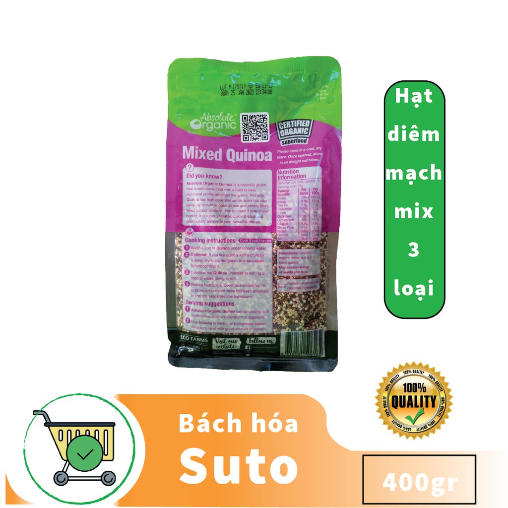 Hạt diêm mạch Quinoa Mix Absolute Organic 400gr của úc tốt cho phụ nữ mang thai, trẻ nhỏ, người giảm cân Sutoshop