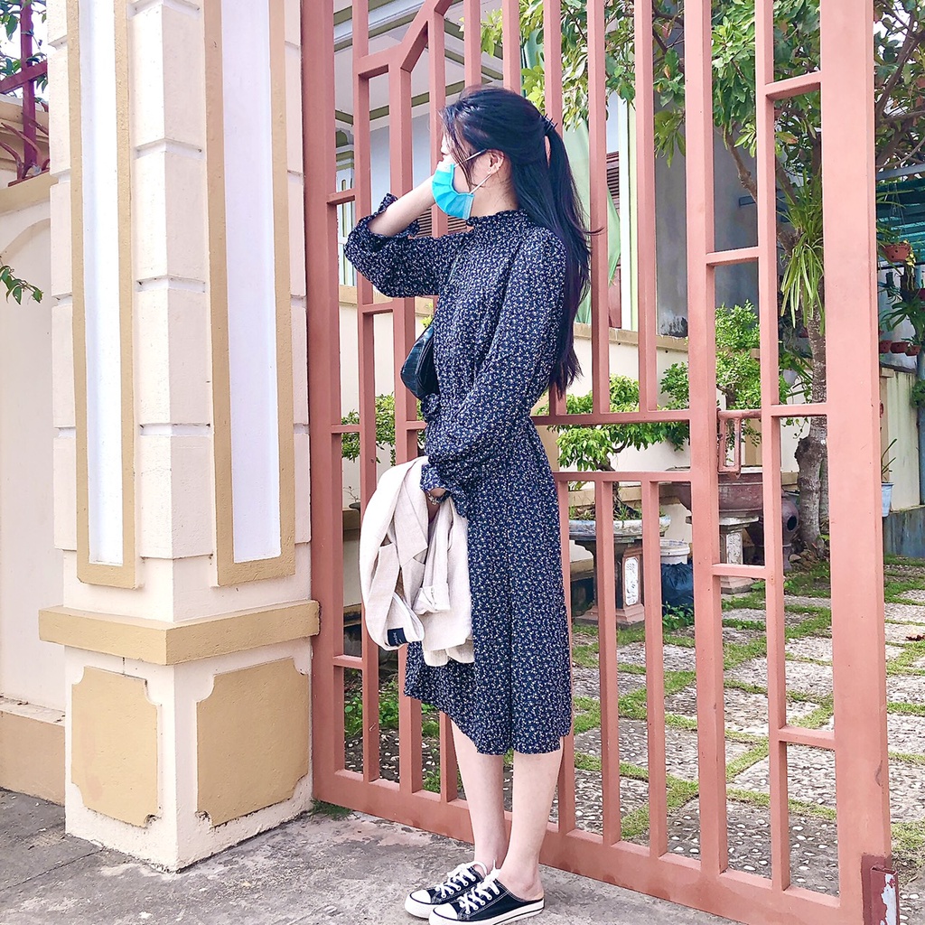 Váy Hoa Nhí Vintage Dáng Suông Thắt Đai Eo Đầm Hoa Tay Bồng Nữ Tính