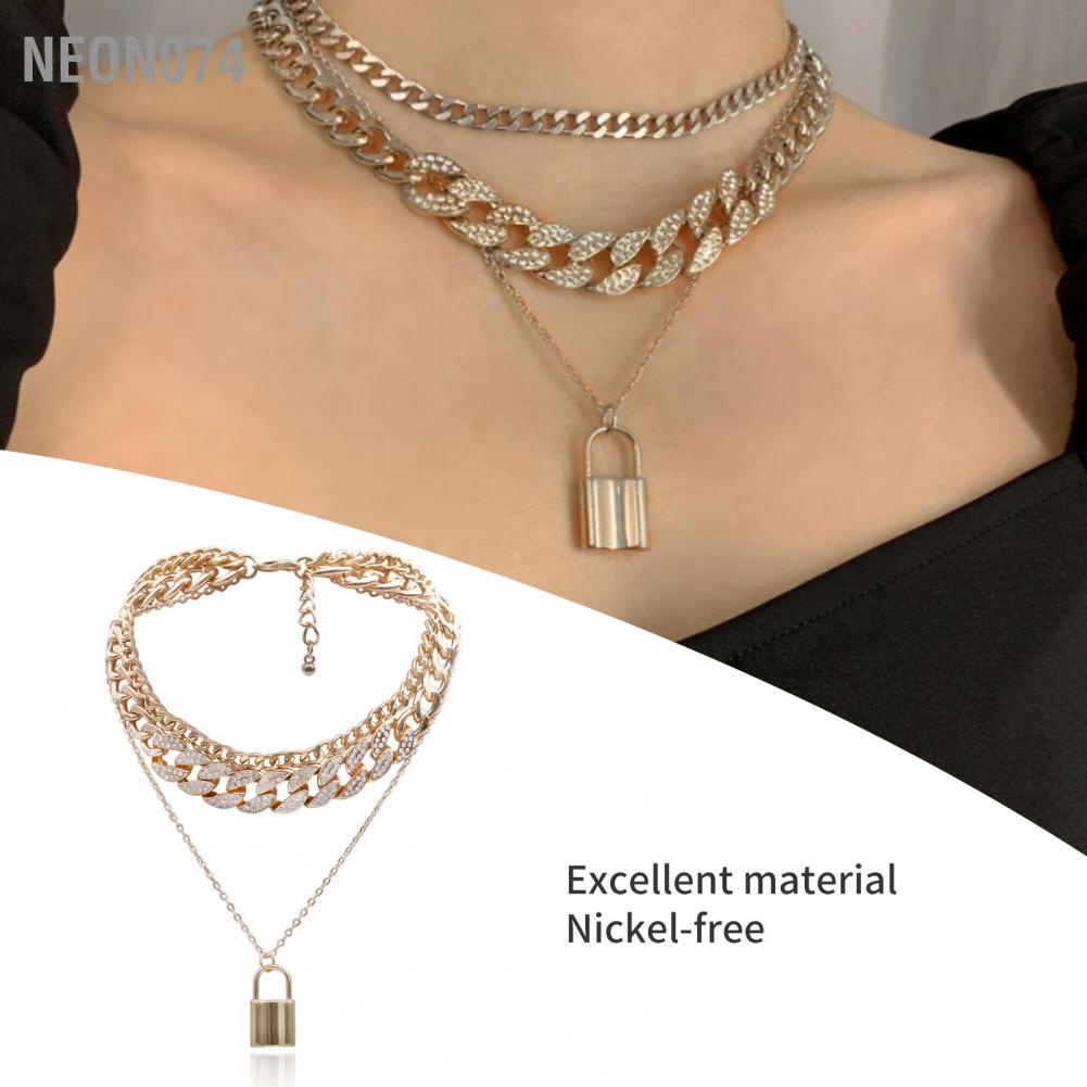 🥭 Khóa Chuỗi Mặt Dây Chuyền Vòng Cổ Chunky Vàng Kim Loại Liên Kết Choker cho Phụ Nữ Neon074
