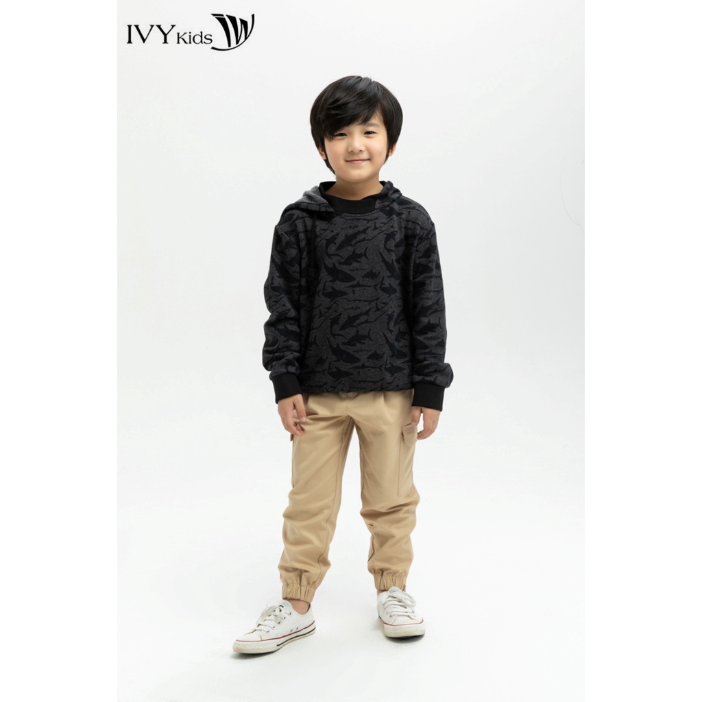 Áo hoodie họa tiết cổ mũ bé trai IVY moda MS 59K1164
