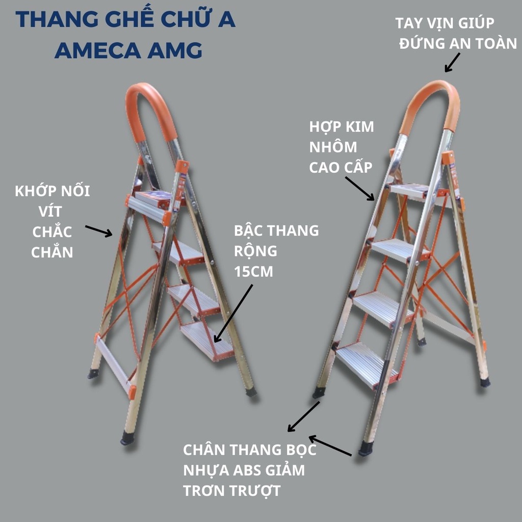 Thang ghế chữ a AMECA AMG inox tay vịn gấp gọn đa năng 3,4,5,6,7 bậc, bảo hành chính hãng 18 tháng