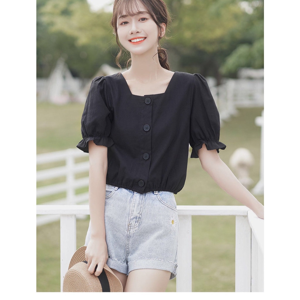 Áo sơ mi nữ croptop mẫu mới hot tren màu trắng đen xanh nâu dáng rộng VAVASA SM26