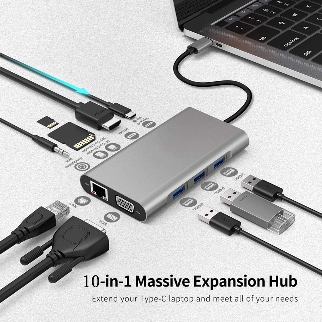 Dock Sạc Type-C Macbook Notebook USB C Hub 4K HDMI VGA PD TF SD 1000m RJ45 3.5MM USB3.0 Hub USB-C