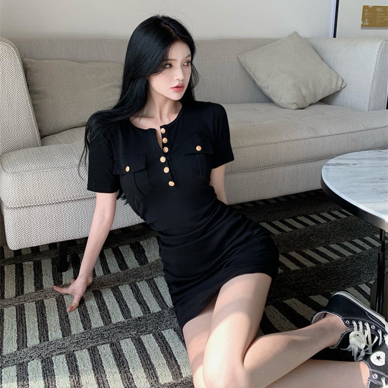 COZOKC COZOK Đầm Tay Ngắn Cổ Tròn Phối Hàng Cúc Đơn Phong Cách Retro Hàn Quốc Trẻ Trung