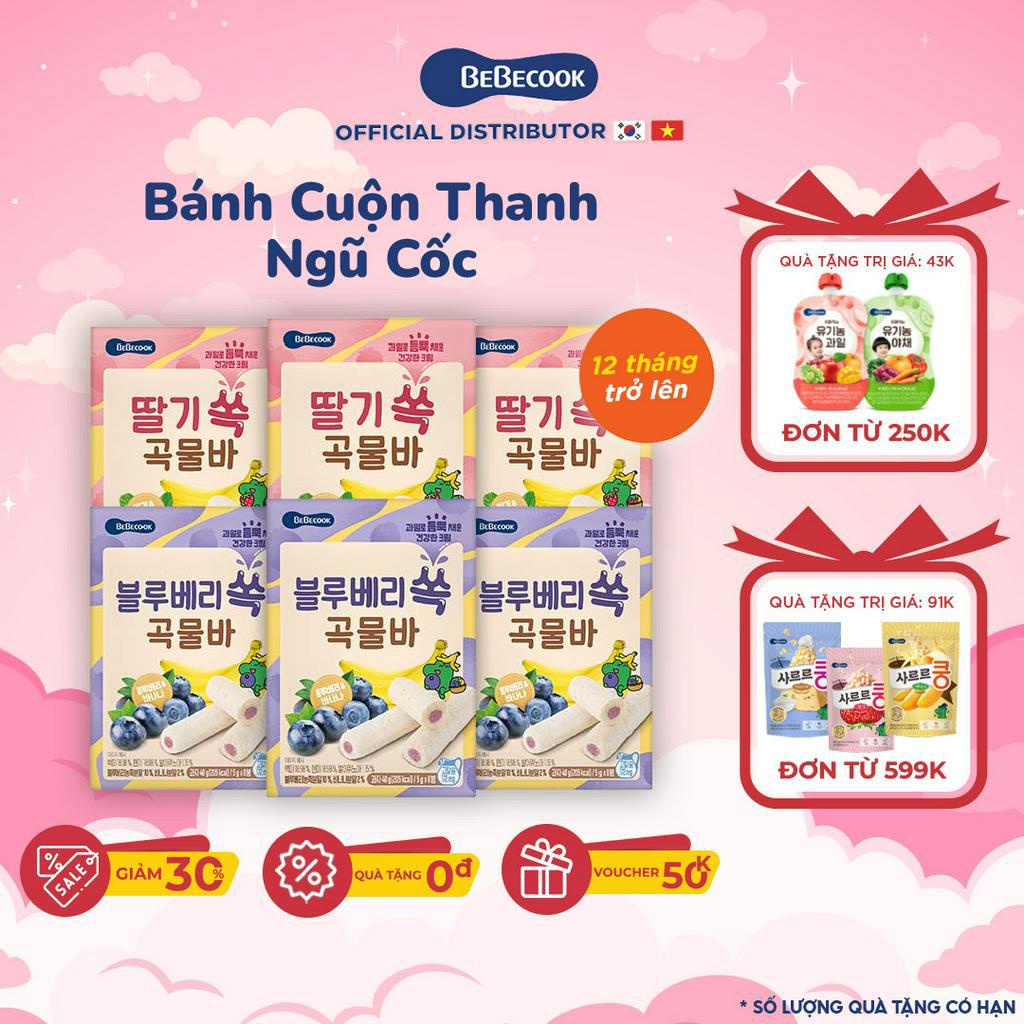 Bánh ngũ cốc ăn dặm cho bé Hàn Quốc BeBecook dạng thanh cuộn vị trái cây hữu cơ thơm ngon bổ dưỡng 40gr/gói