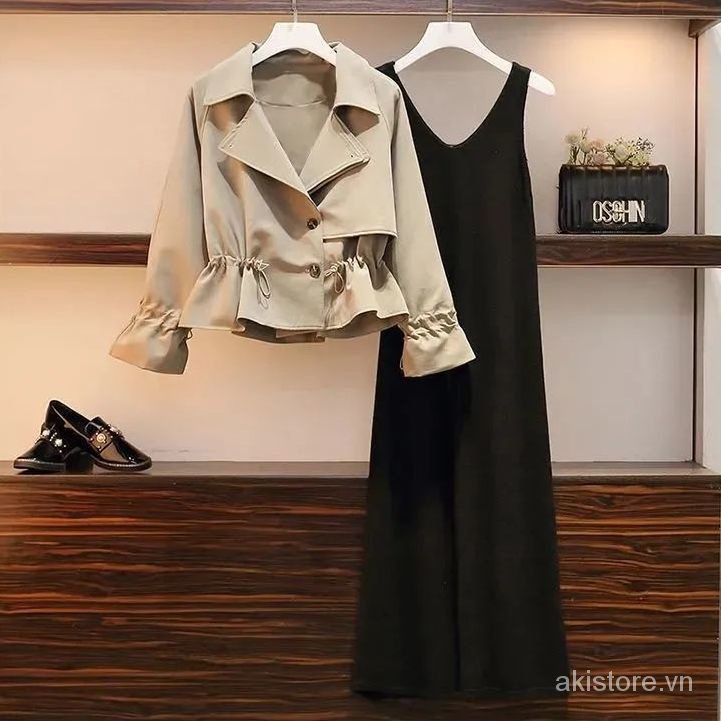 Áo khoác dáng ngắn + đầm xòe chữ A thời trang mùa thu cho nữ size lớn 5XL 100kg