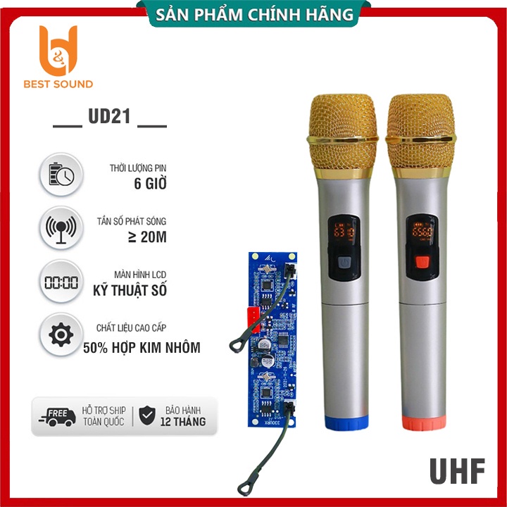 Bộ 2 micro hát karaoke không dây UHF UD21 Cao cấp, Bo mạch mic chuyên thay thế cho Loa kéo