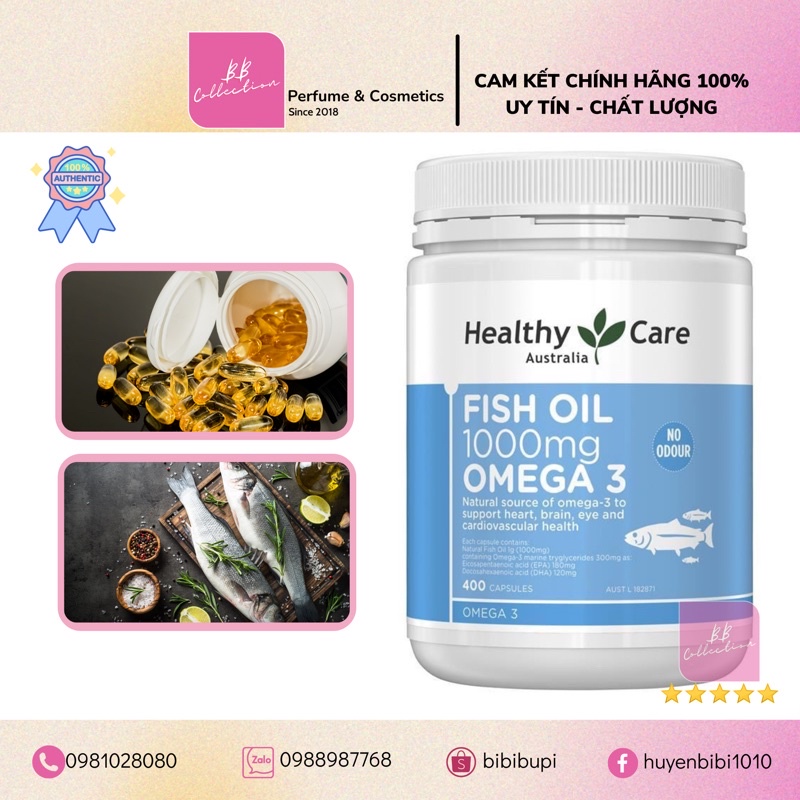 [TEM CHEMIST] Dầu cá Fish Oil 1000mg Omega 3 Healthy Care, 400 viên - Mẫu mới