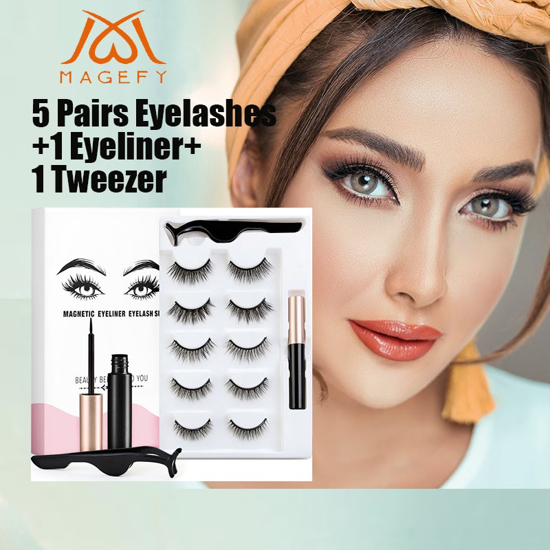 MAGEFY Bộ lông mi giả từ tính Bộ 5 cặp lông mi giả từ tính kèm bút kẻ mắt nước chuyên nghiệp cái nhíp cao cấp  Bộ lông mi giả từ tính kèm bút kẻ mắt