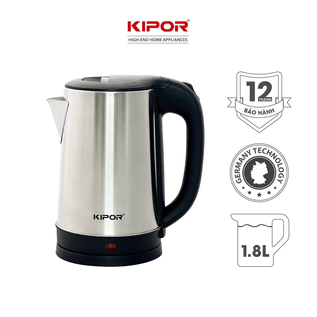 [Mã BMBAU50 giảm 10% đơn 99k] Ấm siêu tốc KIPOR KP-A318SA - 1.8L - Vỏ inox304, đế xoay 360 độ, Bảo hành tại nhà 12 tháng