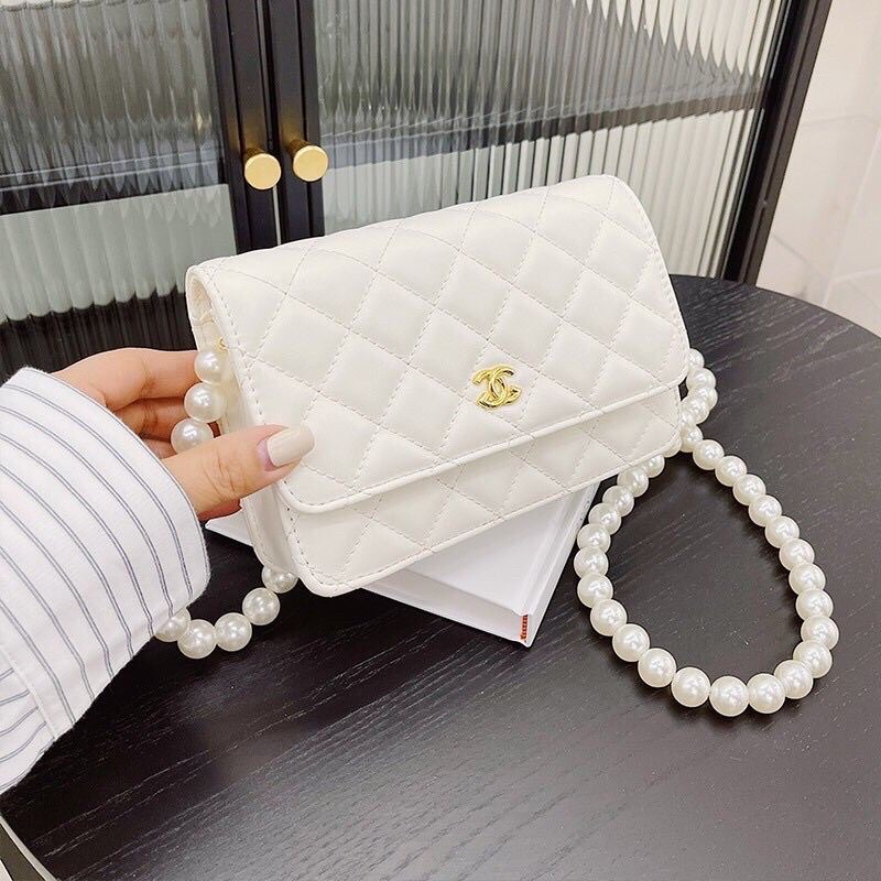 Túi đeo chéo dây ngọc trai katun nữ 2 màu đen trắng