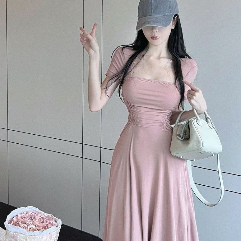 Đầm Tay Ngắn Cổ Vuông Nhấn Eo Phong Cách Pháp Thời Trang 202 Cho Nữ