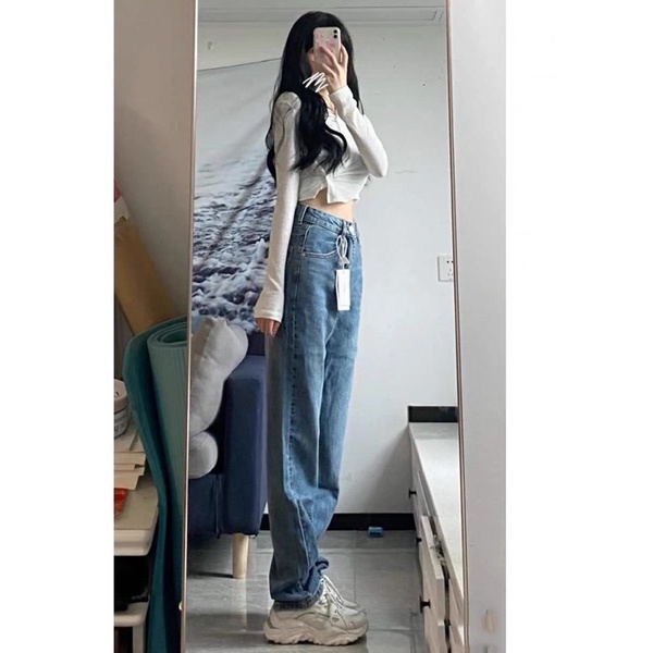 Quần jeans suông cạp cao xanh đậm