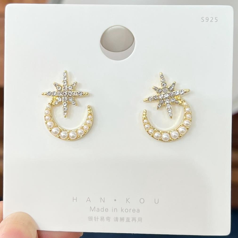 Bông tai bạc S925 Hoa tai kiểu dáng mặt trăng và ngôi sao không gây dị ứng da thời trang Hàn Quốc, June accessories