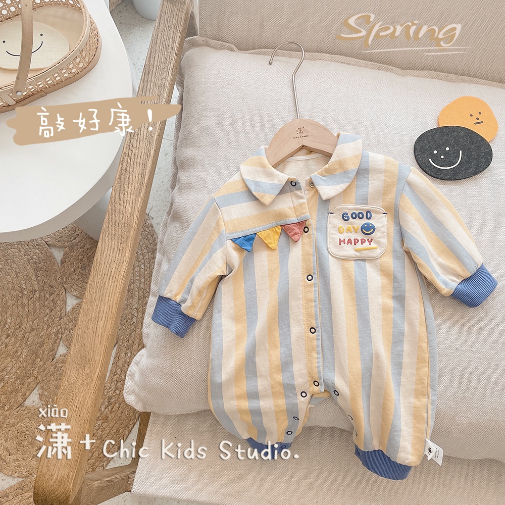 Baby Clothes Newborn Striped Polo Collar Long Sleeve Romper Autumn Bodysuit