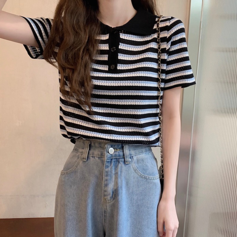 Porozi  Áo thun polo  tay ngắn dáng ôm kẻ sọc kiểu Hàn Quốc dễ thương cho nữ