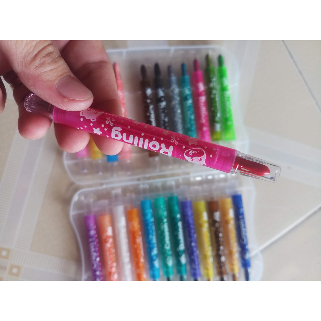 Sáp vặn 24, 18, 12 màu ngắn ROLLING CRAYON hộp nhựa, màu sắc tươi sáng