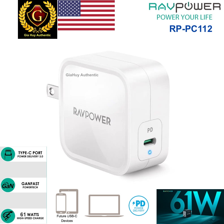 [Bản Quốc Tế] Củ sạc nhanh RAVPOWER RP-PC112 PD 3.0 61W GaN Tech