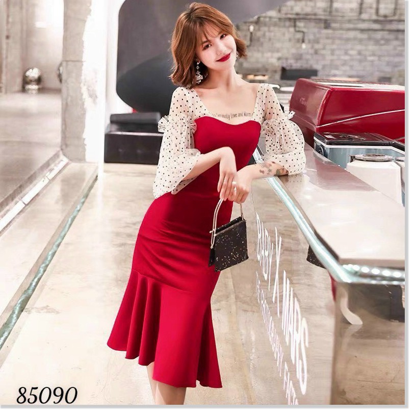 ĐẦM BODY ĐUÔI CÁ TAY PHỐI LƯỚI CHẤM BI TIỂU THƯ SIÊU XINH