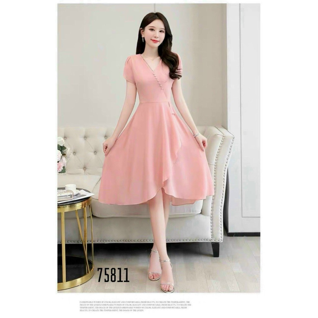 Váy Nữ Xinh Hàn Quốc, Đầm Tay Ngắn Cổ Chữ V Màu Hồng Siêu Dễ Thương Chất Vải Chiffon Mềm Mại Mặc Mát Thời Trang Nữ Hoàng