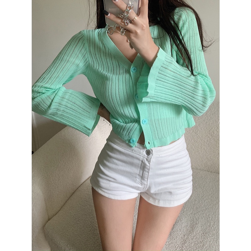 Áo khoác cardigan ZHELIHANGFEI dệt kim mỏng tay dài cổ chữ V dáng rộng thời trang mùa hè dành cho nữ
