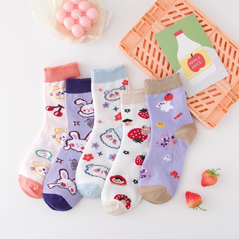 Happy Cartoon Women Crew Socks Cotton Cute Bears Rabbits Animals Tube Socks Korean Kwaii Ladies Mid-long Fruits Socks