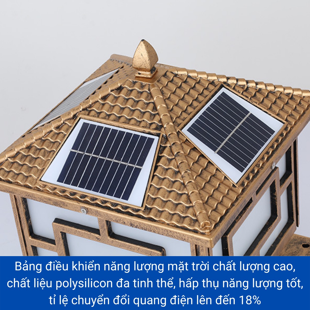 Đèn năng lượng mặt trời trụ cổng cỡ lớn 400mm trang trí nhà cửa, vỏ nhôm nguyên khối,cảm biến ánh sáng,có điều khiển