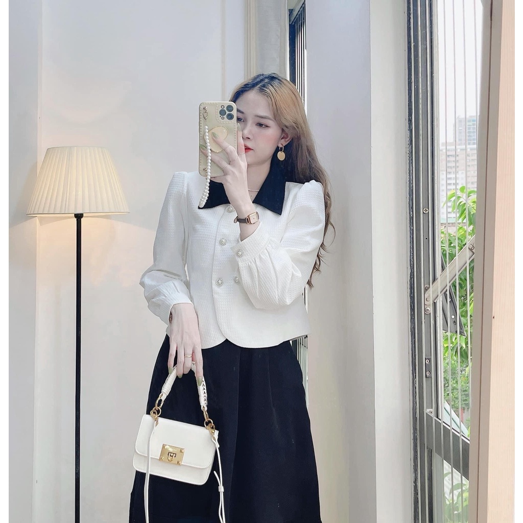 Set áo khuy ngọc kèm chân váy midi dài siêu xinh, chất dạ dày hàng QC L1