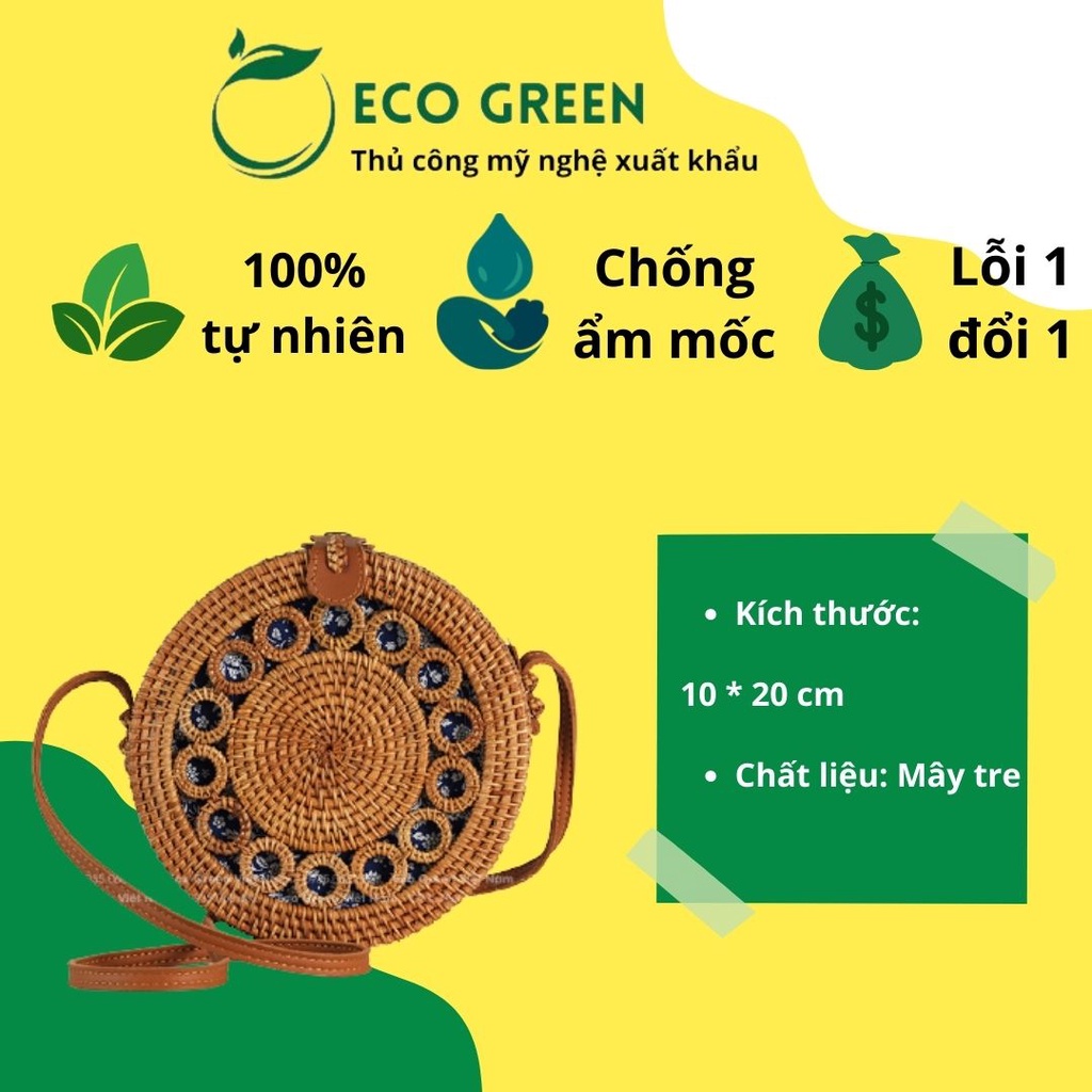 [Hàng Xuất Khẩu] Túi xách guột tròn mây tre thêu hoa văn | Eco Green