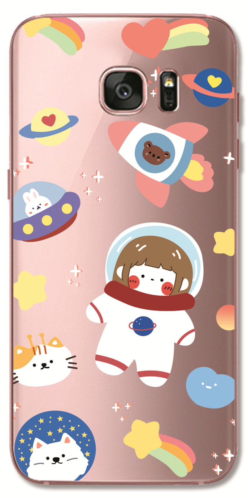 Samsung Galaxy S8 Plus / Note 4 5 3 2 N7100 N9000 INS Cute Cartoon Little brown bear Clear Soft Silicone TPU Phone Casing Lovely astronaut Rocket ship Case Couple Back Cover