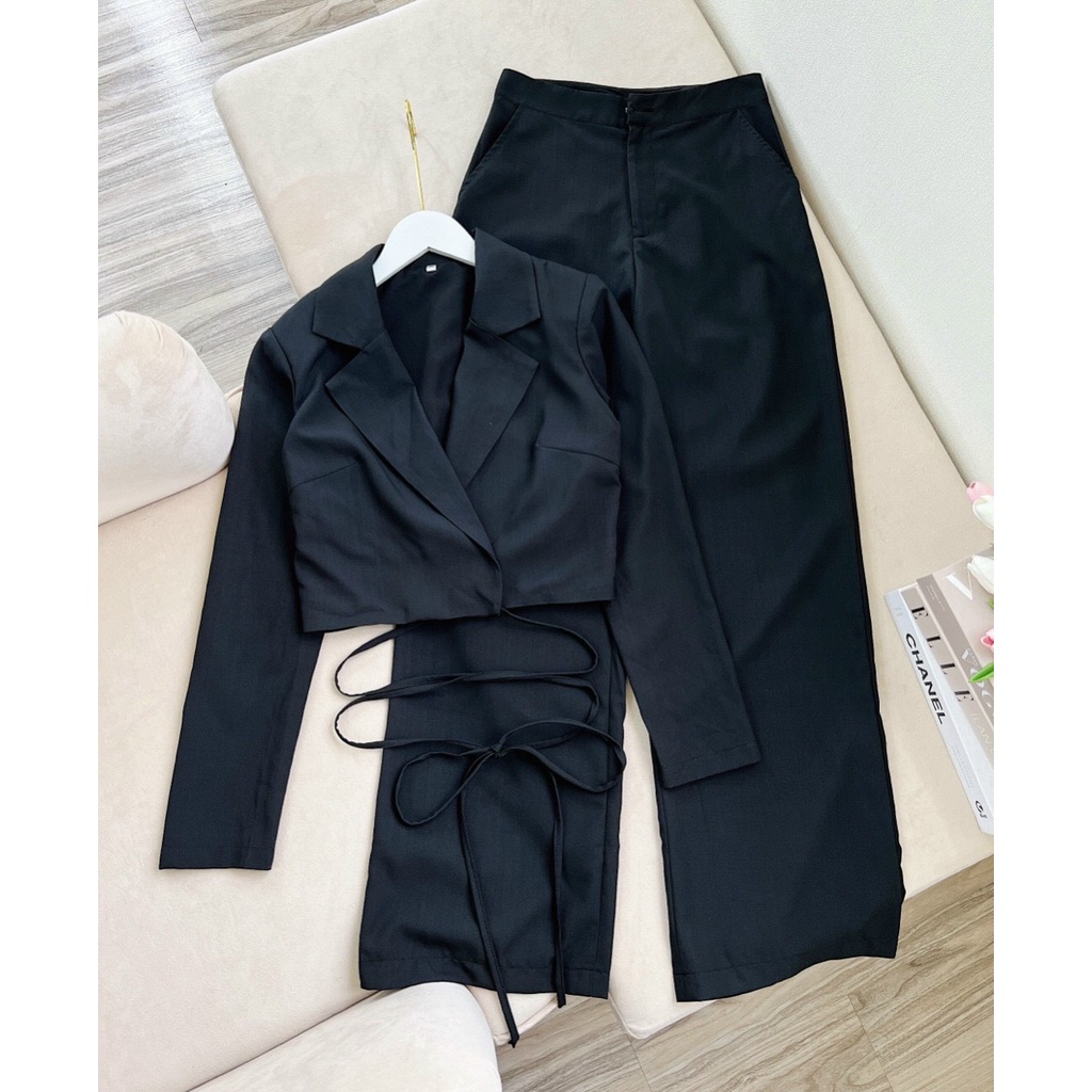 Set vest quần dài , cạp cao , ống rộng + áo croptop dây cột eo cho nữ , cá tính , đi chơi , đi làm