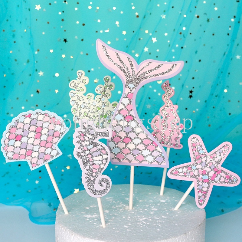 Set 5 phụ kiện trang trí bánh sinh nhật hình đuôi nàng tiên cá xinh xắn